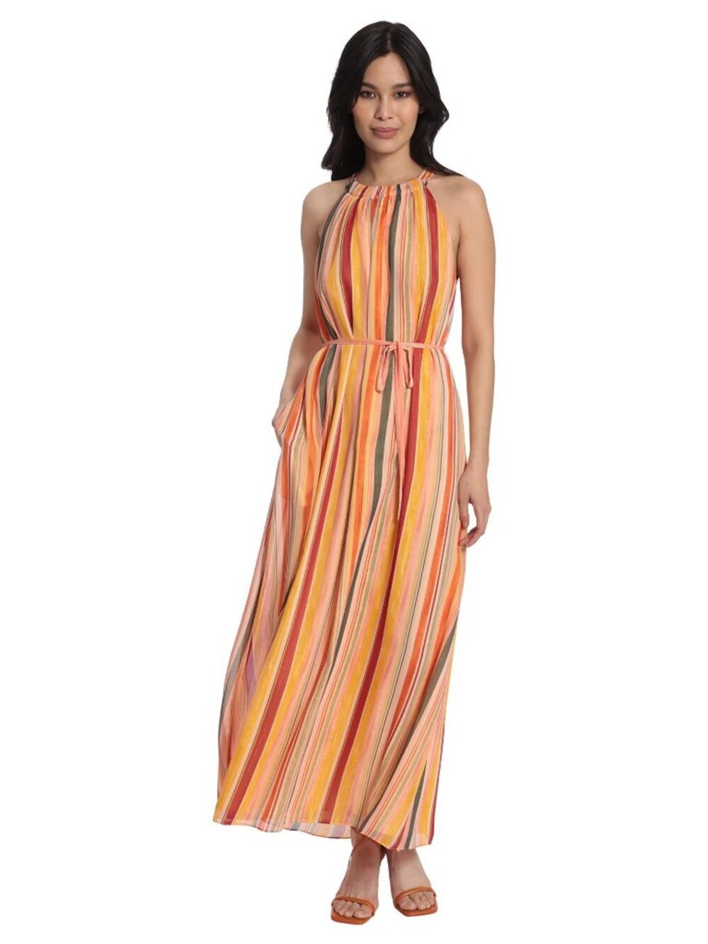 NWT Maggy London Irregular Stripe Printed Halter Maxi Tie, Cream/Rose Dawn, 20W